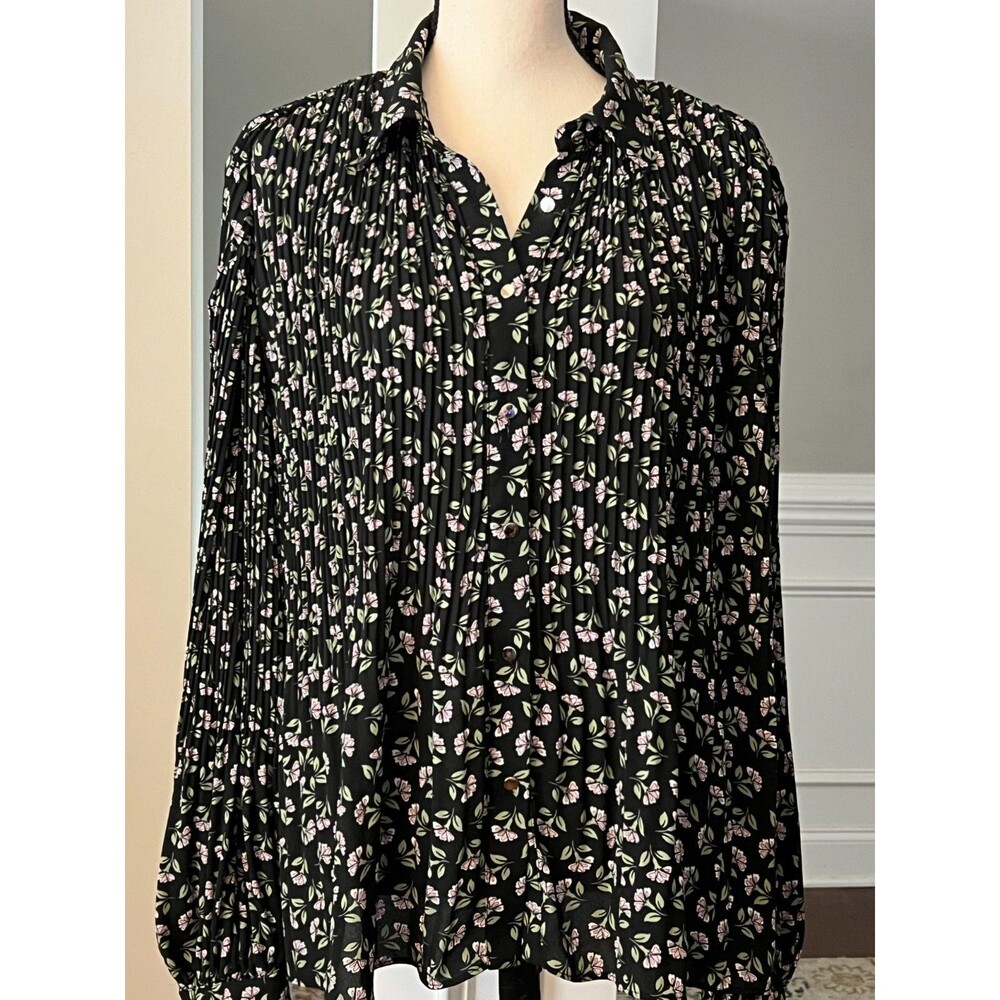 T Tahari Pleated Button Front Blouse w/Balloon Sleeves Black/Pink Floral Sz XL